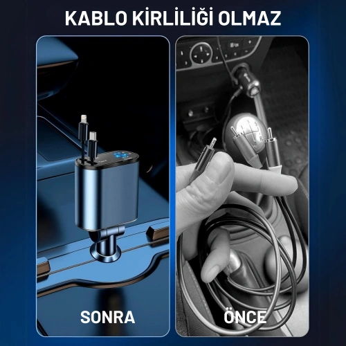 Araç Çakmaklık Şarj Aleti - 66W Dahili Çekilebilir Kablolu Type C & Lightning Çakmaklık Araç Hızlı Şarj Aleti