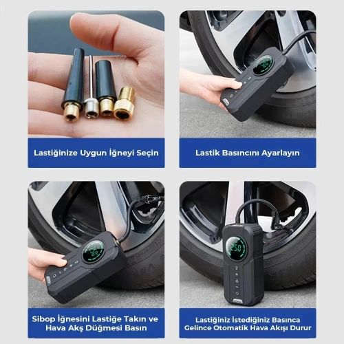 Taşınabilir Şarjlı Jump Starter - Akü Takviyesi + Lastik Şişirici + Powerbank + Led Işık Hepsi Bir Arada