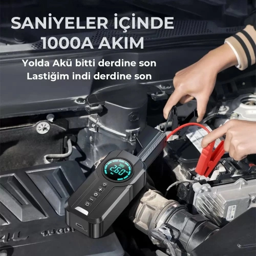 Taşınabilir Şarjlı Jump Starter - Akü Takviyesi + Lastik Şişirici + Powerbank + Led Işık Hepsi Bir Arada