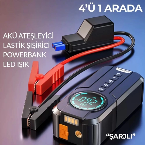 Taşınabilir Şarjlı Jump Starter - Akü Takviyesi + Lastik Şişirici + Powerbank + Led Işık Hepsi Bir Arada