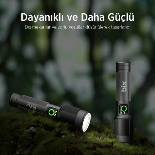 Bix BX2132FL Şarjlı El Feneri , 24w Led ,  1000 Lümen , 900 Metre Uzun Menzil , Zoomlu , Power Ledli Metal El Feneri