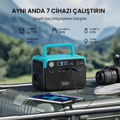 BİX PS60K Taşınabilir Güç Kaynağı - AC/DC/USB, Güneş Paneli Uyumlu - 192Wh 300W 230V 50Hz Taşınabilir Güç İstasyonu
