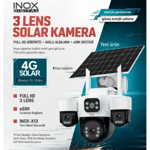 İnox Solar Güvenlik Kamerası - İnox X13 4G e-SİM Destekli 2 + 2 + 2 MP Güneş Enerjili Güvenlik Kamerası