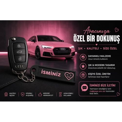 İsimli Kalpli Anahtarlık , Kişiye Özel - Anne - Sevgili Hediyelik İsimli Pembe Kalpli Anahtarlık - İsimli Araba Anahtarlığı
