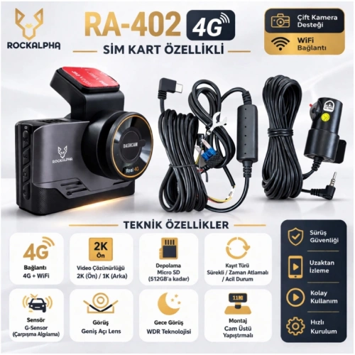 Rockalpha Araç Kayıt Kamerası - RA-402 Uzaktan izlemeli Sim Kartlı 4G Ön ve Arka Araç Kayıt Kamerası