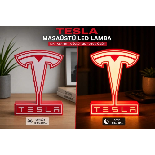 Tesla Masa Lambası , Tesla Logolu Led Işıklı Masa Lambası , Tesla Gündüz Gece Masa Lambası
