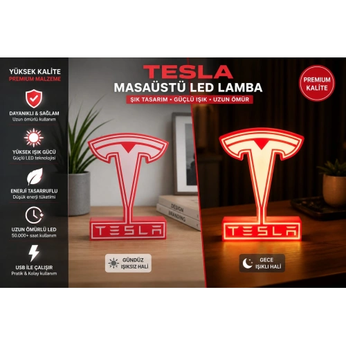 Tesla Masa Lambası , Tesla Logolu Led Işıklı Masa Lambası , Tesla Gündüz Gece Masa Lambası