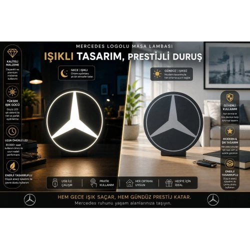 Mercedes Masa Lambası , Mercedes Logolu Led Işıklı Masa Lambası , Mercedes Gündüz Gece Masa Lambası