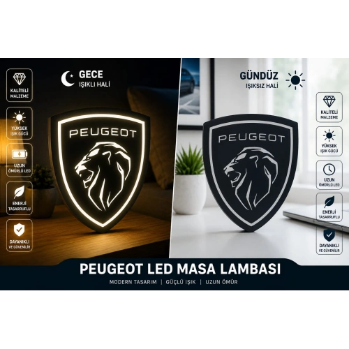 Peugeot Masa Lambası , Peugeot Logolu Led Işıklı Masa Lambası , Peugeot Gündüz Gece Masa Lambası