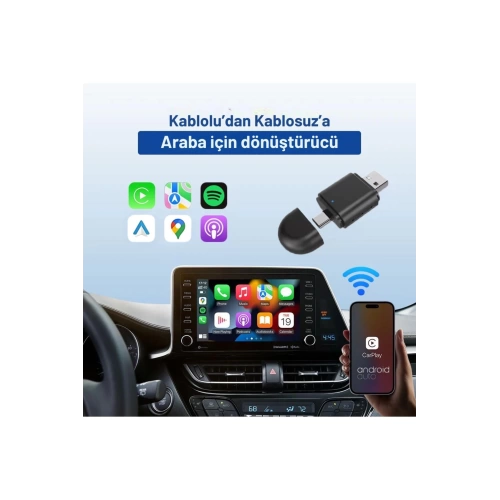 Kablosuz Android Auto ve Carplay Adaptörü - Kabloluyu Kablosuz Yapan Carplay ve Android Auto Adaptörü