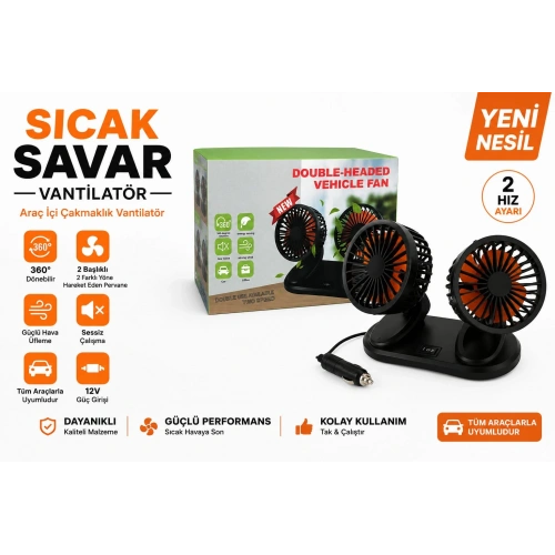 Araç İçi Vantilatör - 2 Başlıklı , Çakmaklık Girişli 12V Araç İçi Fan - Numaratörlü Oto Vantilatör