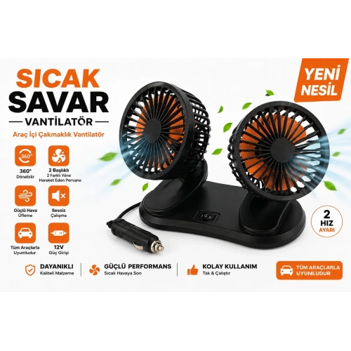 Araç İçi Vantilatör - 2 Başlıklı , Çakmaklık Girişli 12V Araç İçi Fan - Numaratörlü Oto Vantilatör
