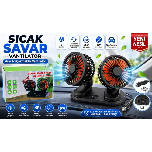 Araç İçi Vantilatör - 2 Başlıklı , Çakmaklık Girişli 12V Araç İçi Fan - Numaratörlü Oto Vantilatör