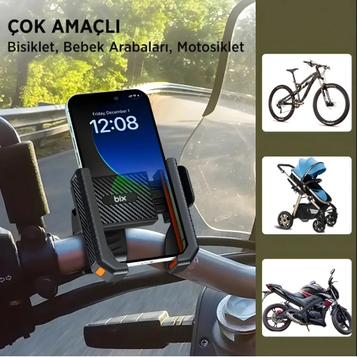 BİX Motosiklet Telefon Tutacağı - BPH01 - Gidon Bağlantılı , 360 Derece , Sarsılma Önleyici Motosiklet Bisiklet Telefon Tutucu