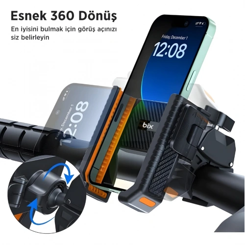 BİX Motosiklet Telefon Tutacağı - BPH01 - Gidon Bağlantılı , 360 Derece , Sarsılma Önleyici Motosiklet Bisiklet Telefon Tutucu