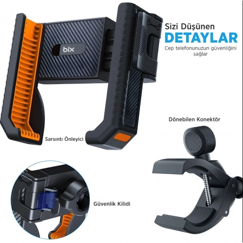 BİX Motosiklet Telefon Tutacağı - BPH01 - Gidon Bağlantılı , 360 Derece , Sarsılma Önleyici Motosiklet Bisiklet Telefon Tutucu