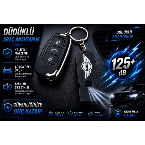 Düdüklü Mini Cooper Anahtarlık , Mini Cooper Logolu Islık Çalan Araç Anahtarlık - Hediyelik Mini Cooper Araba Anahtarlığı