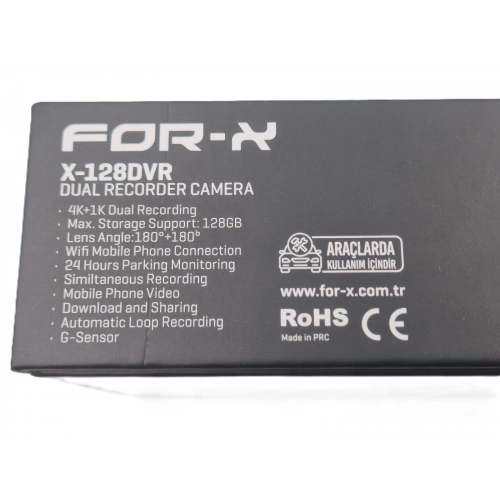 For-x 2 Kameralı 4K Araç Ön ve Arka Kayıt Kamerası , For-x X-128DVR 4K Araç Ön ve Arka Kamera Siyah