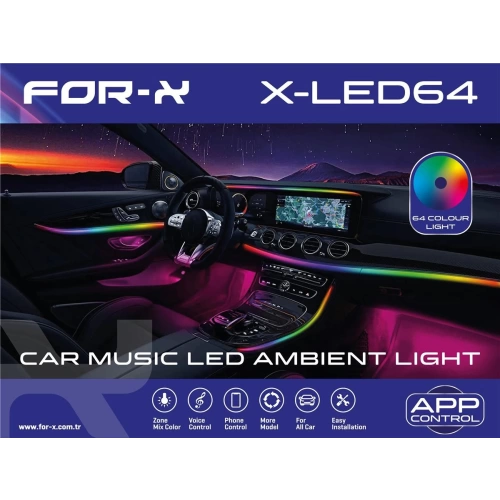 For-x Araç İçi Ambiyans Led Aydınlatma - For-x X-LED64 64 Renkli Müziğe Duyarlı RBG Led Ambians Aydınlatma