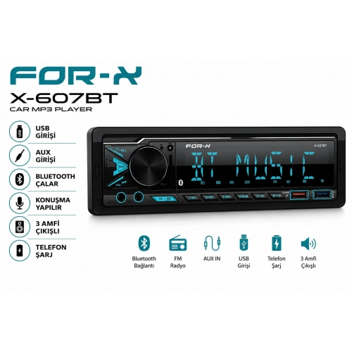 For-x Teyp – For-x X-607BT 4x60w – 3 Amfi Çıkışlı - Bluetoothlu - 7 Renk - Geniş Soğutuculu Tesisat Teybi