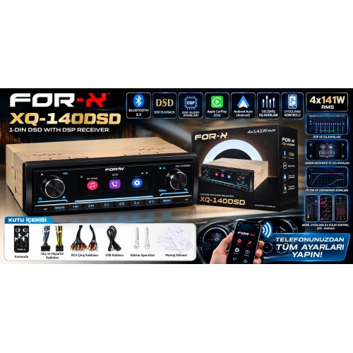For-X Teyp XQ-140DSD 4x141W RMS DSP İşlemcili Bluetooth 5.3 Oto Teyp – DSD Destekli, Uygulama Kontrollü