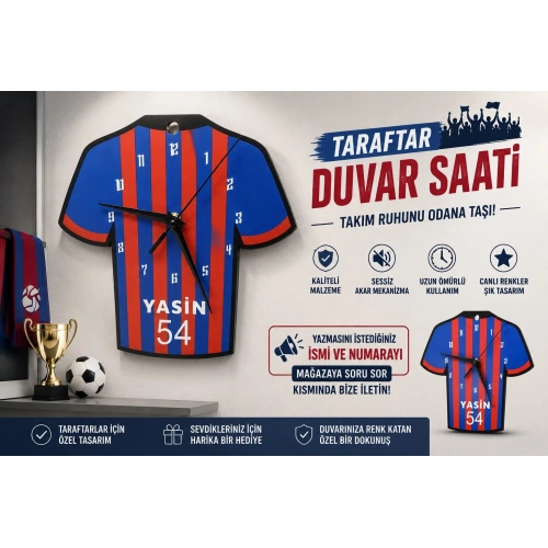 İsimli Taraftar Duvar Saati , Kişiye Özel - Hediyelik İsimli Forma Duvar Saati - İsimli Bordo Mavi Duvar Saati