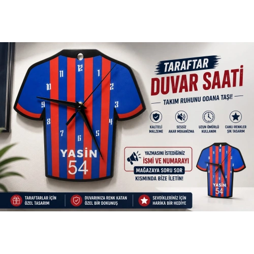 İsimli Taraftar Duvar Saati , Kişiye Özel - Hediyelik İsimli Forma Duvar Saati - İsimli Bordo Mavi Duvar Saati