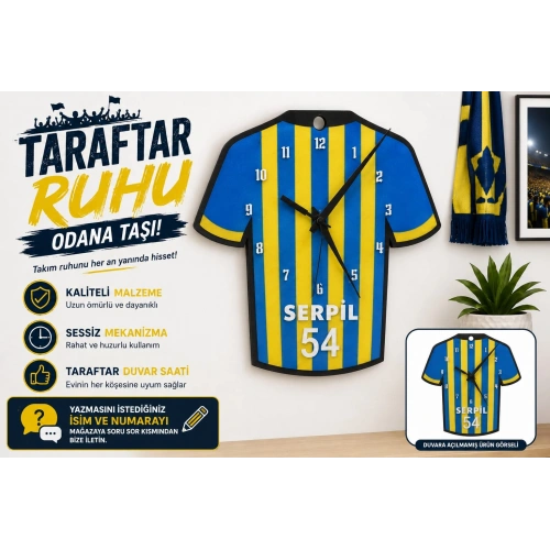 İsimli Taraftar Duvar Saati , Kişiye Özel - Hediyelik İsimli Forma Duvar Saati - İsimli Sarı Lacivert Duvar Saati