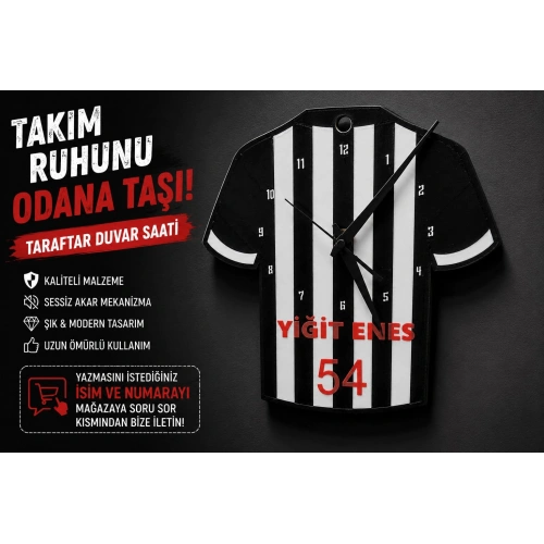 İsimli Taraftar Duvar Saati , Kişiye Özel - Hediyelik İsimli Forma Duvar Saati - İsimli Siyah Beyaz Duvar Saati
