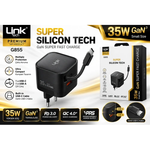 Linktech Hızlı Şarj Adaptörü G855 35W GaN3 – Dahili Type-C Kablolu Çift Çıkışlı Şarj Cihazı