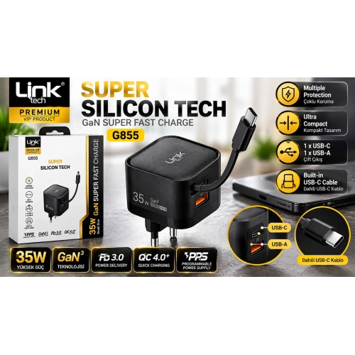Linktech Hızlı Şarj Adaptörü G855 35W GaN3 – Dahili Type-C Kablolu Çift Çıkışlı Şarj Cihazı