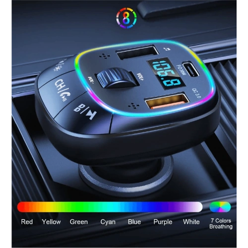Linktech FM Transmitter - Linktech GF17 Premium 48W Üç Girişli 5.0 Bluetooth FM Transmitter - RGB Çakmaklıktan Müzik Dinleme