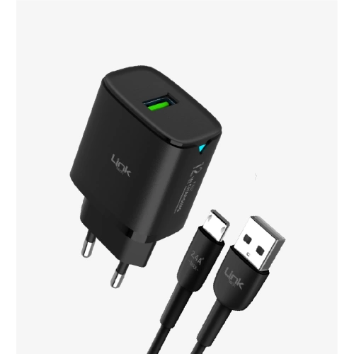 Linktech Micro USB Şarj Aleti - Siyah - Telefon Hızlı Şarj Aleti - 12W Micro USB Kablolu Şarj Cihazı