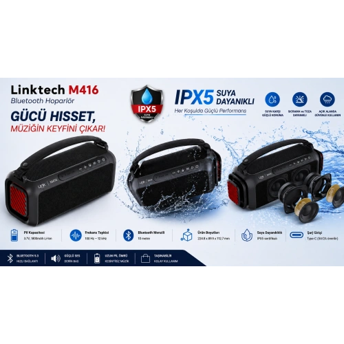 Linktech Premium Bluetooth Hoparlör - Linktech M416 Premium IPX5 Sertifikalı Işıklı Bluetooth Hoparlör
