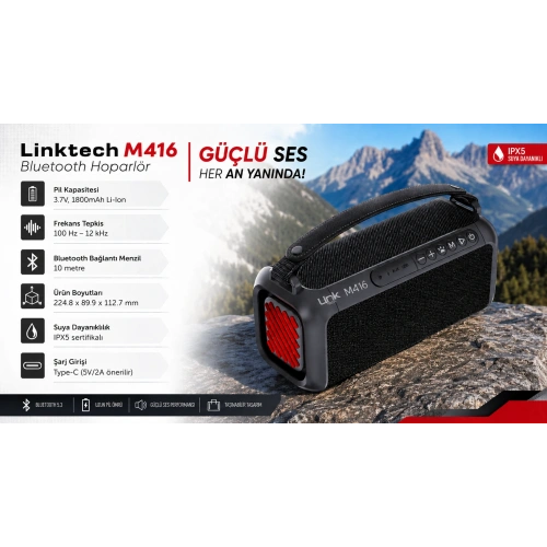 Linktech Premium Bluetooth Hoparlör - Linktech M416 Premium IPX5 Sertifikalı Işıklı Bluetooth Hoparlör