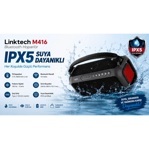 Linktech Premium Bluetooth Hoparlör - Linktech M416 Premium IPX5 Sertifikalı Işıklı Bluetooth Hoparlör