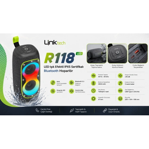 Linktech RGB Bluetooth Hoparlör - Linktech R118 LED Işık Efektli IPX5 Sertifikalı Bluetooth Hoparlör