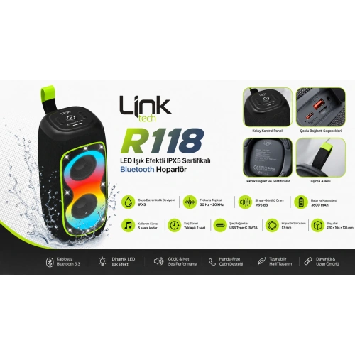 Linktech RGB Bluetooth Hoparlör - Linktech R118 LED Işık Efektli IPX5 Sertifikalı Bluetooth Hoparlör