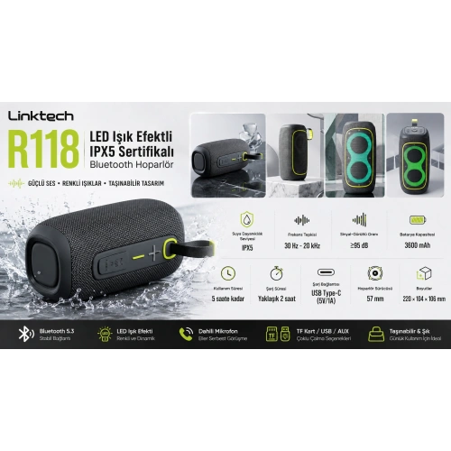Linktech RGB Bluetooth Hoparlör - Linktech R118 LED Işık Efektli IPX5 Sertifikalı Bluetooth Hoparlör