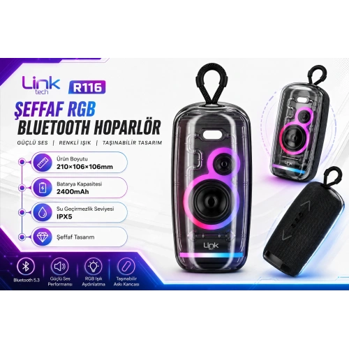 Linktech Şeffaf Bluetooth Hoparlör - Linktech R116 Şeffaf Tasarım IPX5 Sertifikalı RGB Işıklı Bluetooth Hoparlör