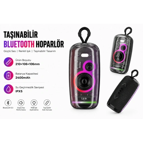 Linktech Şeffaf Bluetooth Hoparlör - Linktech R116 Şeffaf Tasarım IPX5 Sertifikalı RGB Işıklı Bluetooth Hoparlör