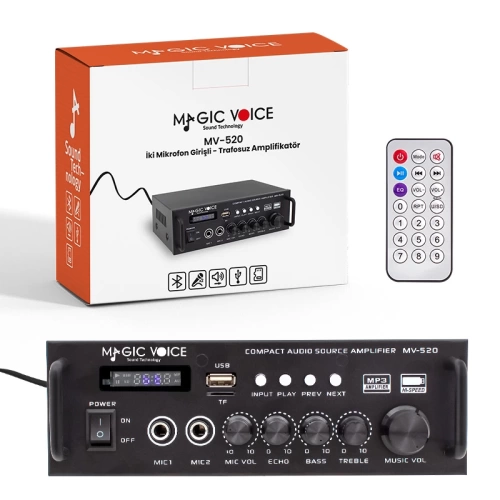 Magicvoice Trafosuz Anfi , USB SD Girişli Bluetoothlu Kumandalı Amfi , 2 Girişli Trafosuz Anfi