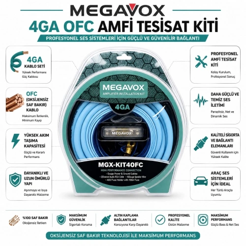 Megavox 4GA OFC Bakır Amfi Kablo Seti - Tam Bakır Profesyonel Anfi Kablosu Seti 4GA