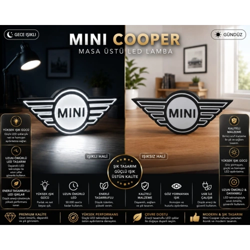 Mini Cooper Masa Lambası , Mini Cooper Logolu Led Işıklı Masa Lambası , Mini Cooper Gündüz Gece Masa Lambası
