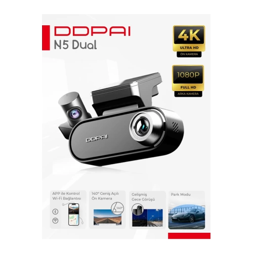 DDPAI N5 DUAL Çift Kameralı Araç Ön ve Arka Kayıt kamerası , 4K, Wi-Fi, GPS , Araç İçi + Arka Kamera Siyah