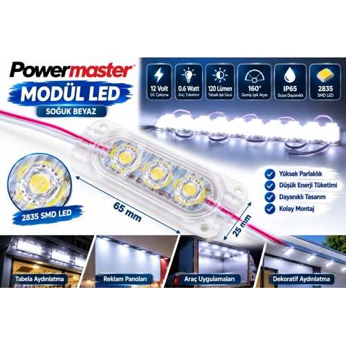 Powermaster 12V 0.6W Soğuk Beyaz 2835 SMD Modül LED 65x25 mm IP65 120 Lümen 160° Geniş Açılı