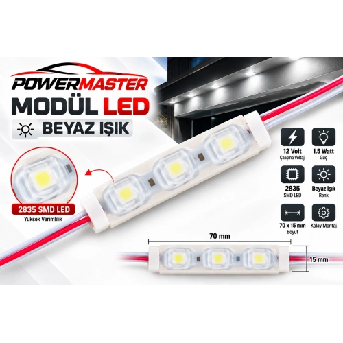 Powermaster 12V 1.5W Gün Işığı Modül LED 2835 SMD 70x15 mm – Tabela, Reklam ve Dekoratif Aydınlatma