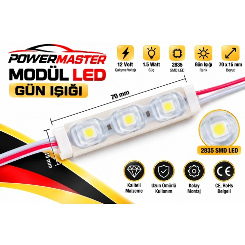 Powermaster 12V 1.5W Gün Işığı Modül LED 2835 SMD 70x15 mm – Tabela, Reklam ve Dekoratif Aydınlatma