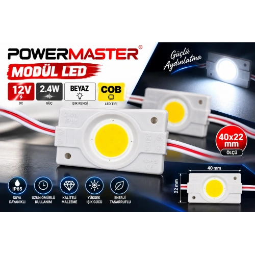 Powermaster 12V 2.4W Beyaz COB Modül LED 40x22 mm IP65 Suya Dayanıklı Aydınlatma