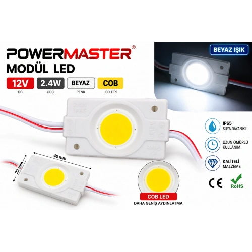 Powermaster 12V 2.4W Beyaz COB Modül LED 40x22 mm IP65 Suya Dayanıklı Aydınlatma